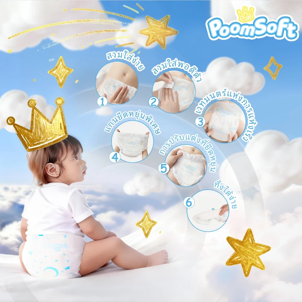 Poomsoft 50ชิ้น ผ้าอ้อมเด็ก นุ่ม บางเบา ทิ้งได้ง่าย ผ้าอ้อม กางเกง&เทป Baby Diaper Pants NB-4XL thumbnail 8