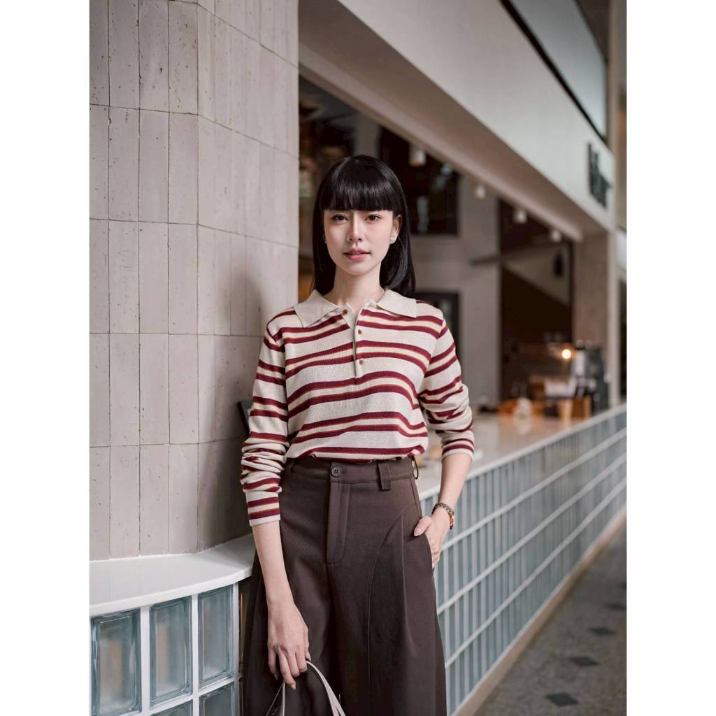 T00262 เสื้อไหมพรมคอปกทรงครอปลายทาง
