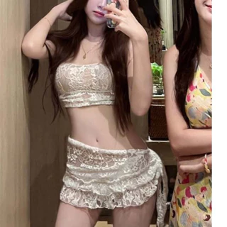 bikini ชุดสามชิ้น วัสดุลูกไม้ ลายพิมพ์วินเทจ สายเดี่ยว เว้าหลัง ย้อนยุค sexy ชุดไปทะเล