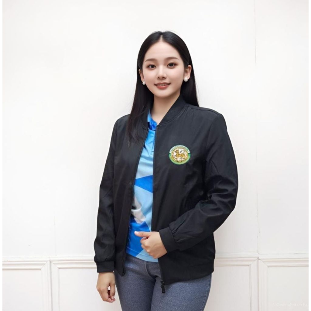 เสื้อ เสื้อแจ็คเก็ต แจ็คเก็ต คอจีน งานปัก โลโก้ ท้องถิ่น อบต อปท ปักหน้าอย่างเดียว สีดำ กรม ครีม