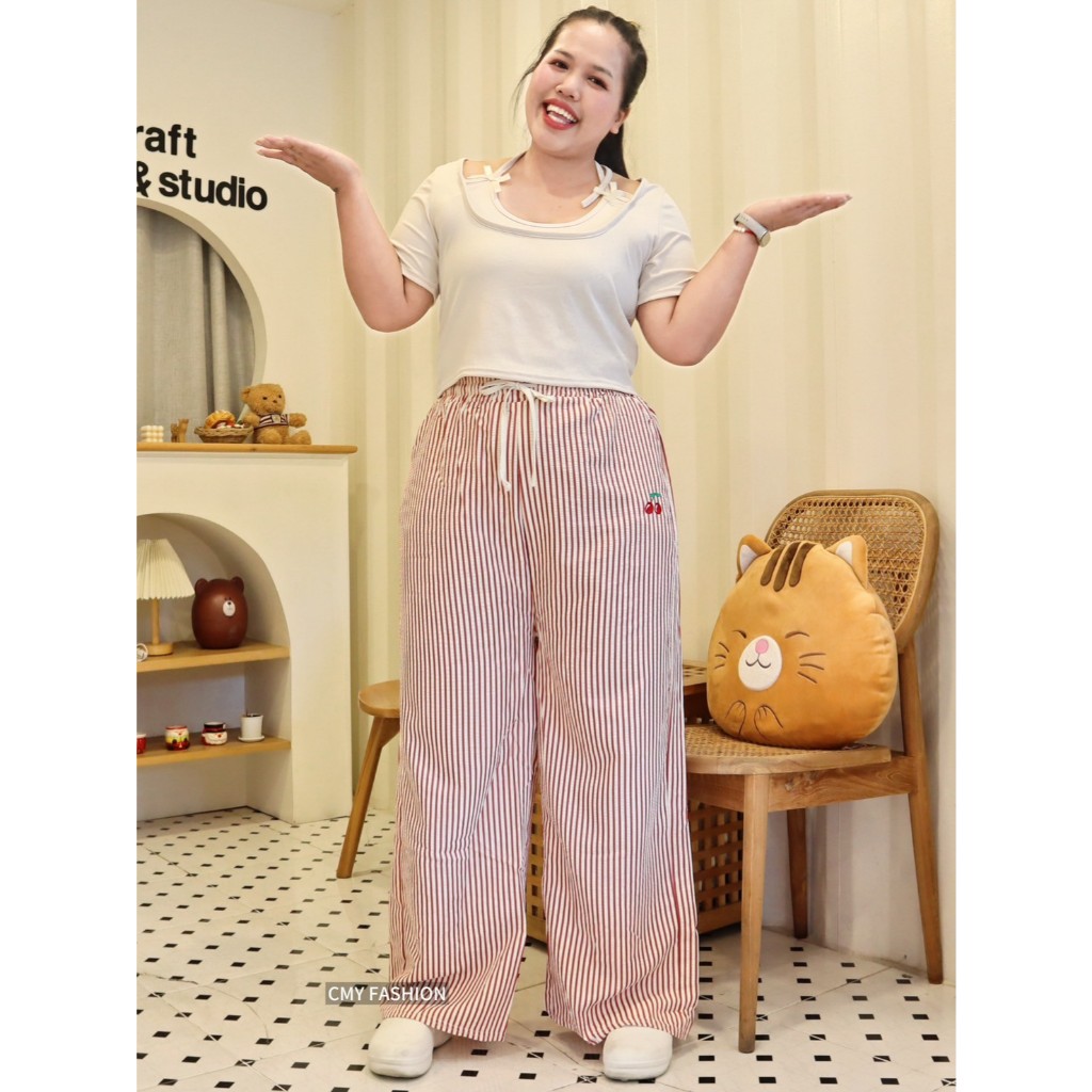 กางเกงขายาว 9ส่วน ไซส์ใหญ่ ทรงขากระบอกใหญ่ ลายริ้วลายทาง ปักลายCherry ผ้าบับเบิ้ล เนื้อผ้านิ่ม ทรงสวยแมทช์ง่าย pb921# - รูปที่ 7