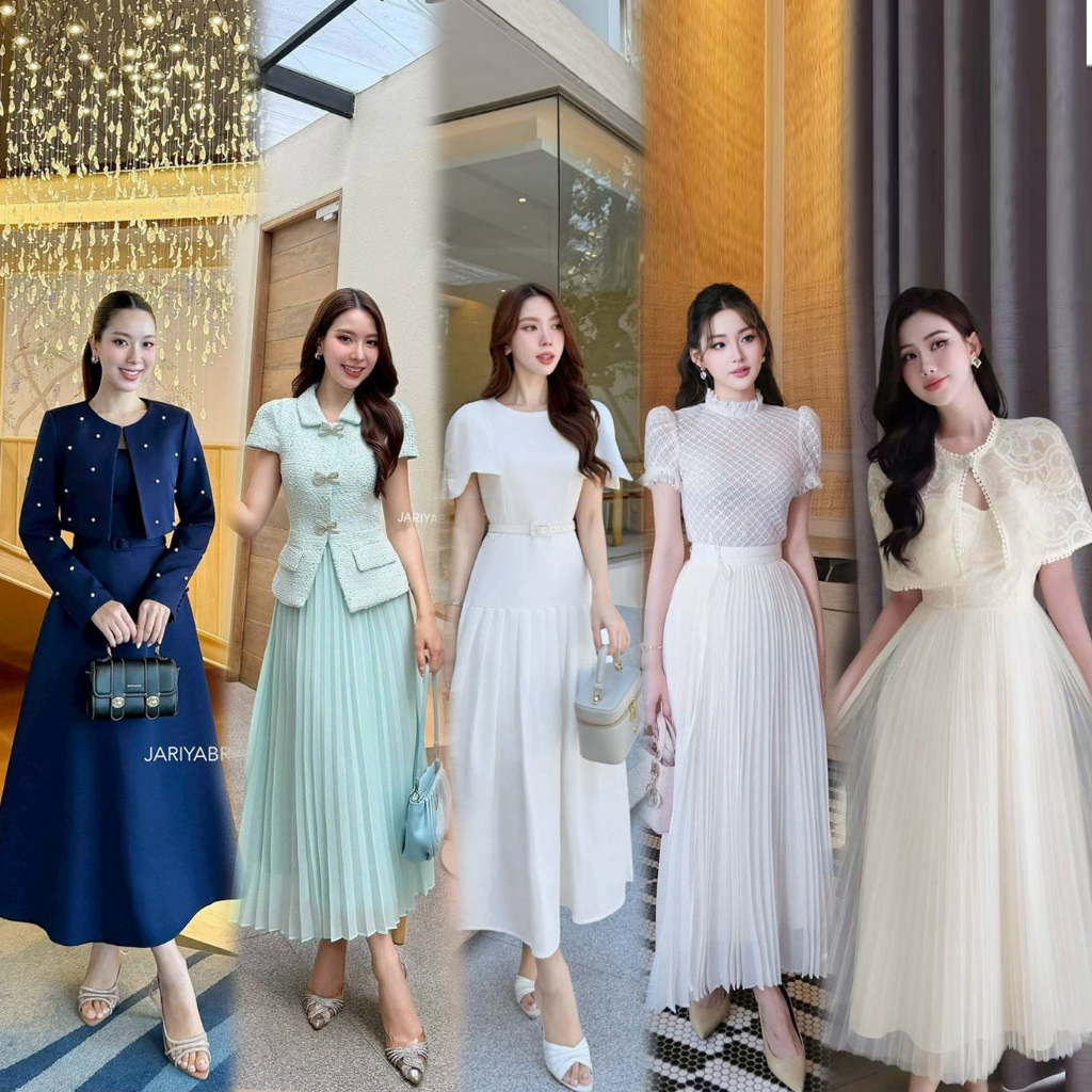 S-XL✨ชุดเดรสไปงาน สีขาว/ดำ/ครีม/ฟ้า/แดง/เบจ/กรม ชุดทำบุญ งานแต่ง #กระโปรงพลีท #Parnwad #Jariya