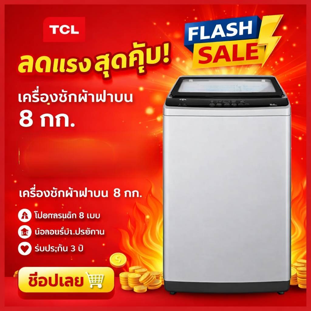 TCL เครื่องซักผ้า ฝาบน 8 กก. รุ่น F708TLG