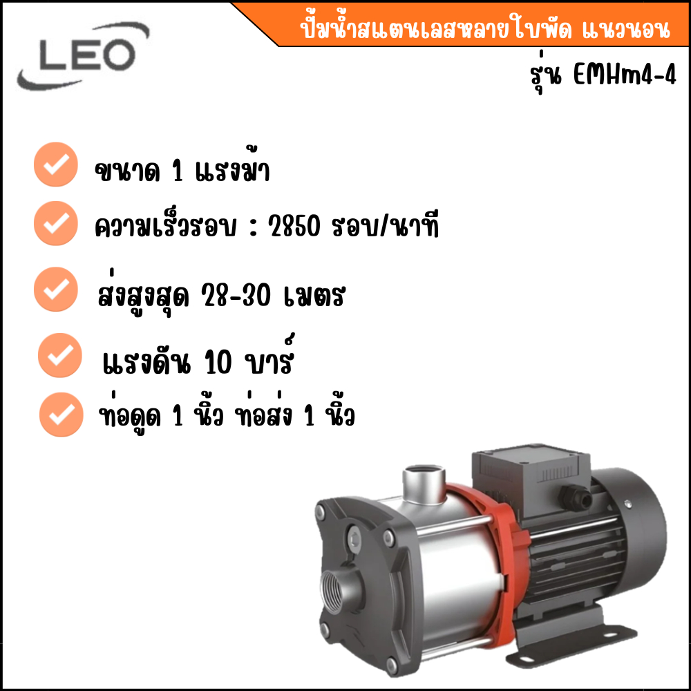 LEO ปั๊มน้ำสแตนเลสหลายใบพัดแบบแนวนอน 1 HP รุ่น ECHm4-4 รับประกัน 2 ปี
