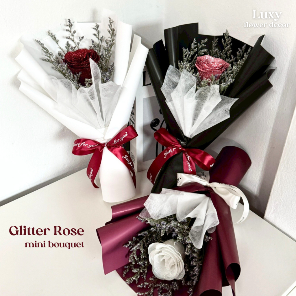 【Luxyflowerdecor】ช่อดอกกุหลาบกลิตเตอร์ แซมดอกแคสเปีย ดอกไม้ประดิษฐ์ ช่อดอกไม้  Flowers