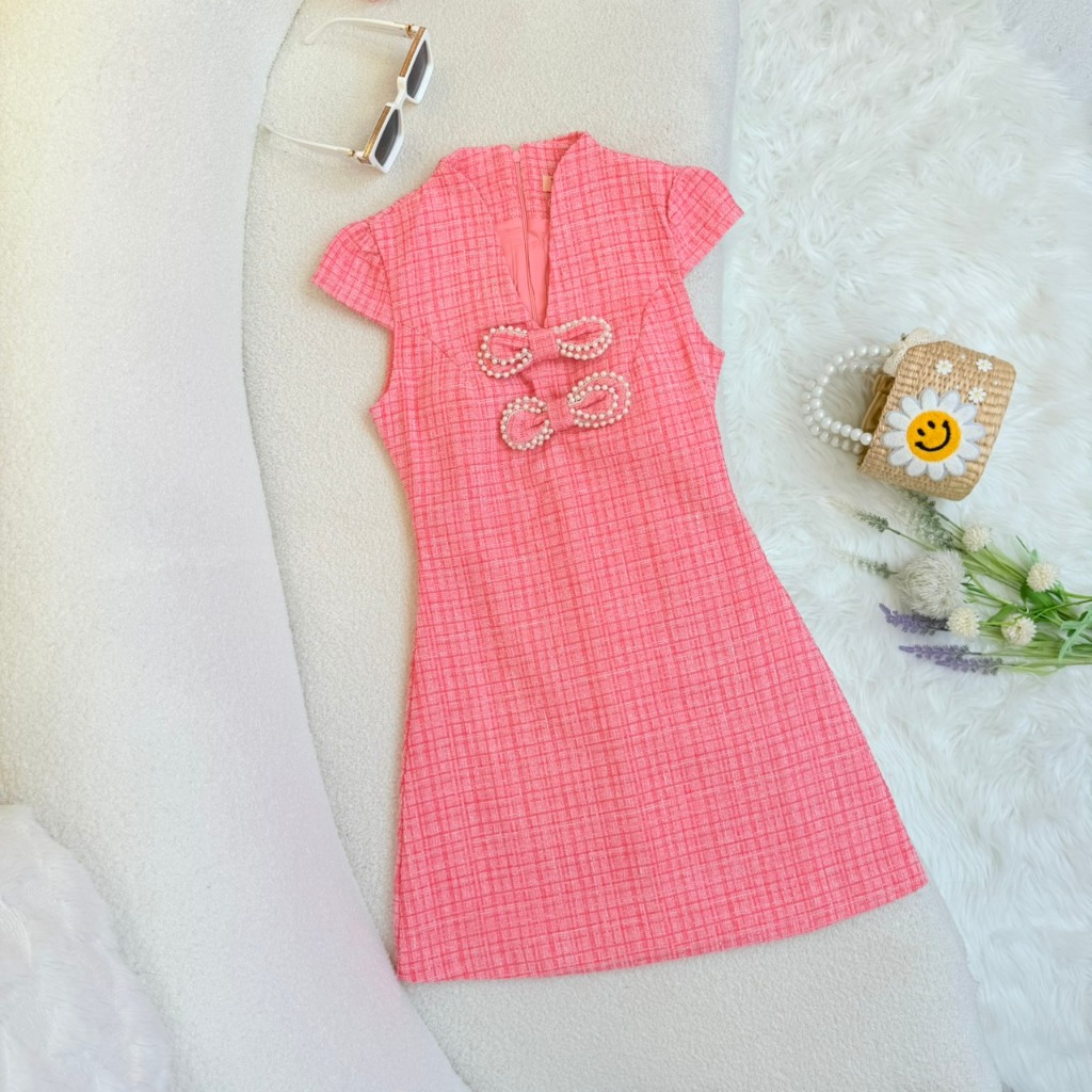 [LISA] A1314 ชุดเดรสกระโปรงคอวีแขนลํ้าแต่งโบว์ผ้าทวิตผ้าทอ สวยหรูลัคชูมาก ใส่เที่ยว ดินเนอร์ ออกเดท