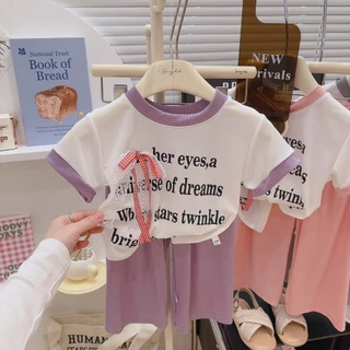 Babyonline(Y435)O2 (ส่งด่วน1วัน)ชุดเซ็ตเสื้อยืดคอกลมแขนสั้นและกางเกงขายาว แต่งโบว์สุดน่ารัก ผ้าร่อง นิ่ม