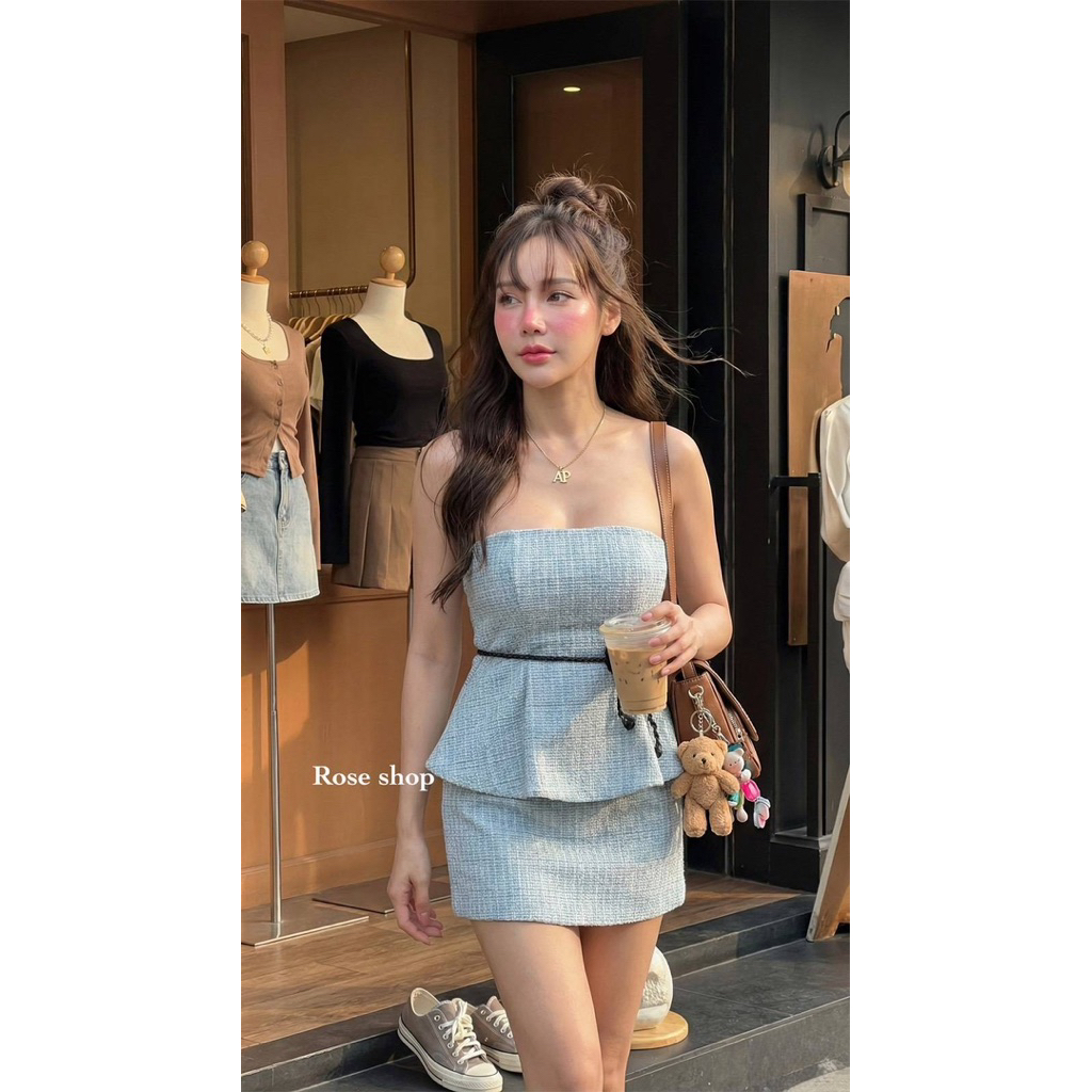 Phapassz - เซต 3ชิ้น ผ้าทวิส เสื้อเกาะอก อกเสริม ฟองน้ำ มาพร้อมกระโปรงทรงA เนื้อสวยมาก มีซับในกางเกง #Roseshop