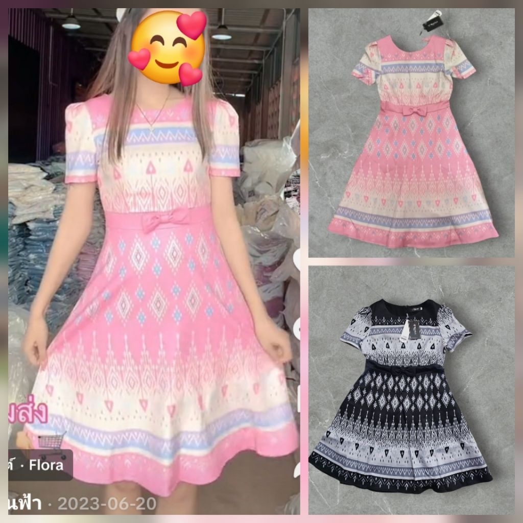 364💘ดำมีL,XL,2xl,3xl,4xl💘ชมพูมีS,M📌[อกเล็ก2"+เพิ่ม1ไซส์]เดรสสั้นมินิลายไทยคอกลม