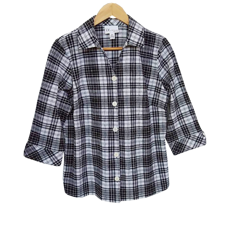 pa316 เสื้อมือสอง อก 38-40 นิ้ว คอปก ผ้าฝ้ายผสมโพลีเนื้อหนา ลายตาราง แขน 4 ส่วน