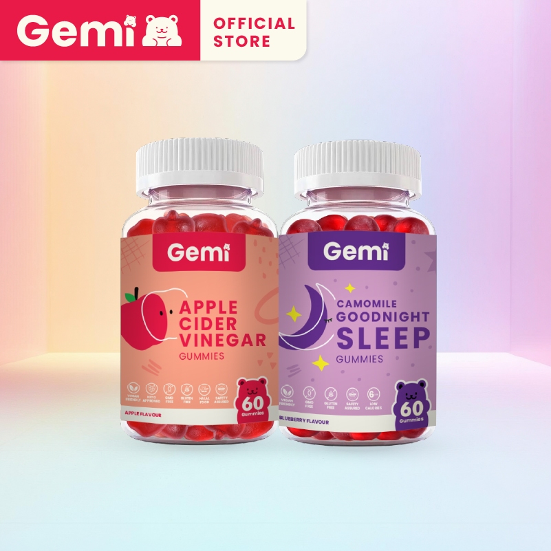 Gemi เจมมี่ แอปเปิ้ลไซเดอร์วิเนการ์และกู๊ดไนท์สลีพกัมมี่ รวม 2 กระปุก / Gemi ACV & Goodnight Sleep Gummy / GemiGummi