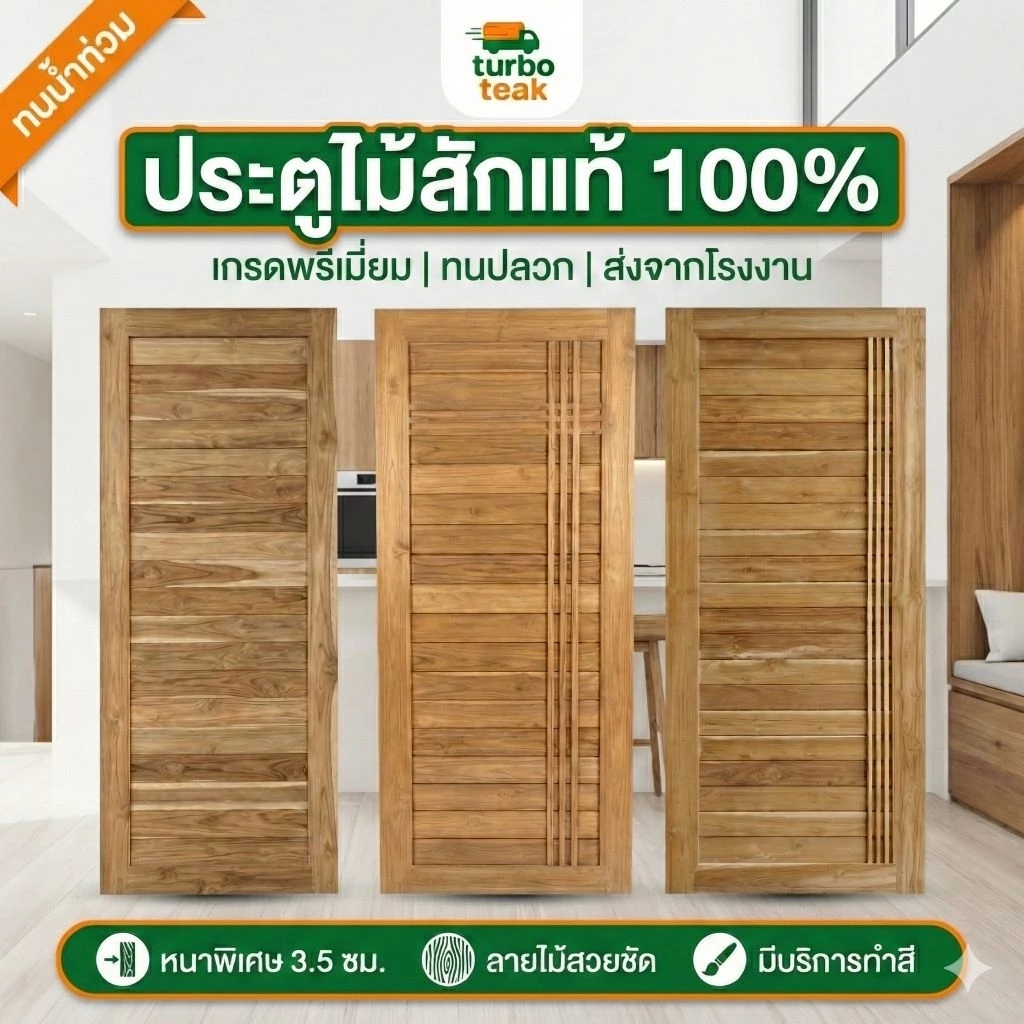 ประตูห้องนอน ประตูห้องน้ำ ไม้สักแท้ ลายโมเดิร์น 70/80/90/100×200 และ 80×180 หนา 3.5 ซม. ขอบ 4 นิ้ว ส่งตรงจากโรงงาน