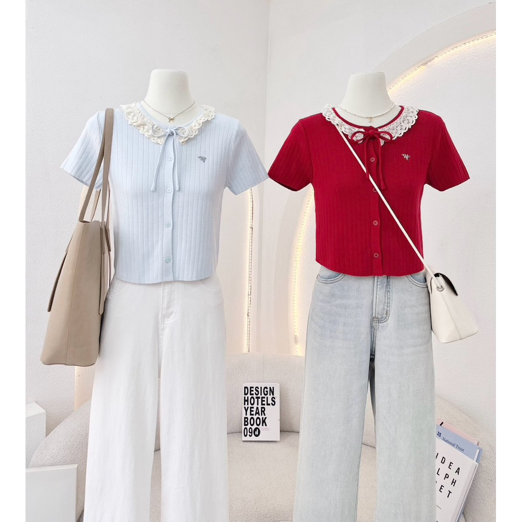 WA YA เสื้อไหมพรมคอลูกไม้ ผูกโบว์หน้า