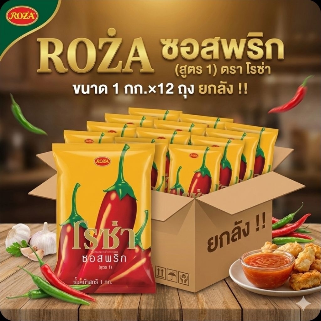 📦Roza ซอสพริก (สูตร 1) ตรา โรซ่า ขนาด 1 กิโลกรัม.×12 ถุง.(ยกลัง).📦