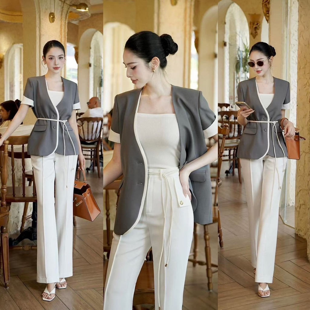 TC Set 3 เสื้อเบเซอร์คอวีแขนสั้้นสีเทา ช่วงแขนและคอแต่งกุ้นขอบขาว กระดุมหน้าและ มีกระเป๋าหน้า