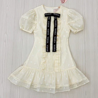 (มี3XL) มี 2 สี Sister Me Dress เดรสสั้นผ้าชีฟองโบว์เย็บติด texture แต่งโบว์ฟร้อน Maria แขนสั้นตุ๊กตา มีซับใน ซิปหลัง