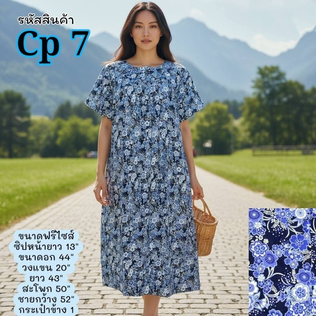 ชุดนอน กระโปรงผ้าฝ้าย 100% คลุมเข่าคอกลม มีแขน มีซิป ผ่าหน้า ผ้าฝ้าย(cotton 100%) ใส่ได้ถึงอก44