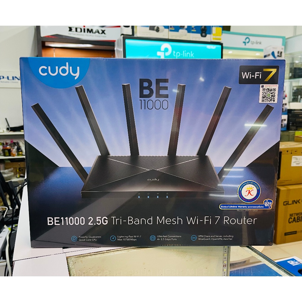 Router Wi-Fi 7 CUDY WR11000 BE11000 Tri-Band Wi-Fi 7 Mesh Router, 4 × 2.5G Ethernet Ports (สีดำ)