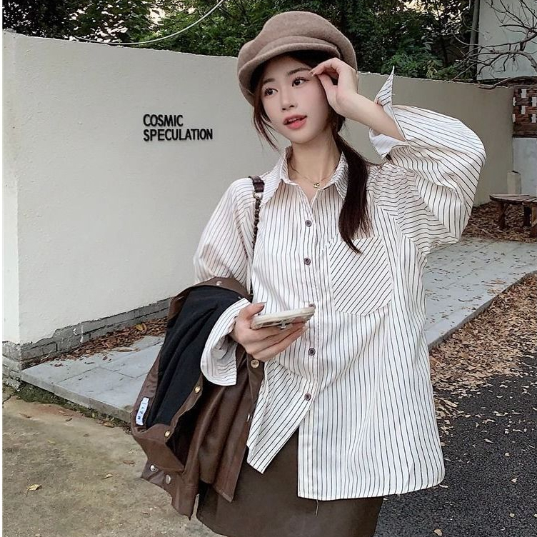 fashiongirl1688 เสื้อเชิ้ต แขนยาว ลายทาง สีน้ำตาล ใส่ทำงานก็ผ่าน ใส่เที่ยวก็ได้ พร้อมส่งจากกรุงเทพฯ