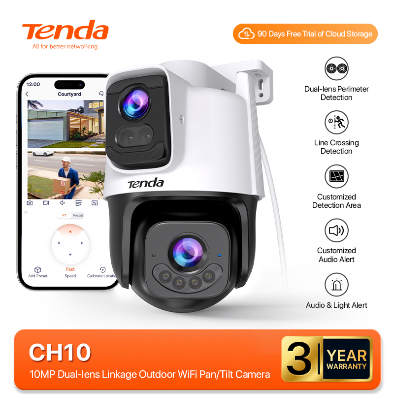 กล้องวงจรปิด Tenda CH10 เลนส์คู่ | กล้อง 5MP สองตัว ไม่มีจุดบอด | ระบบมองเห็นกลางคืนสีแบบเต็มหน้าจอ