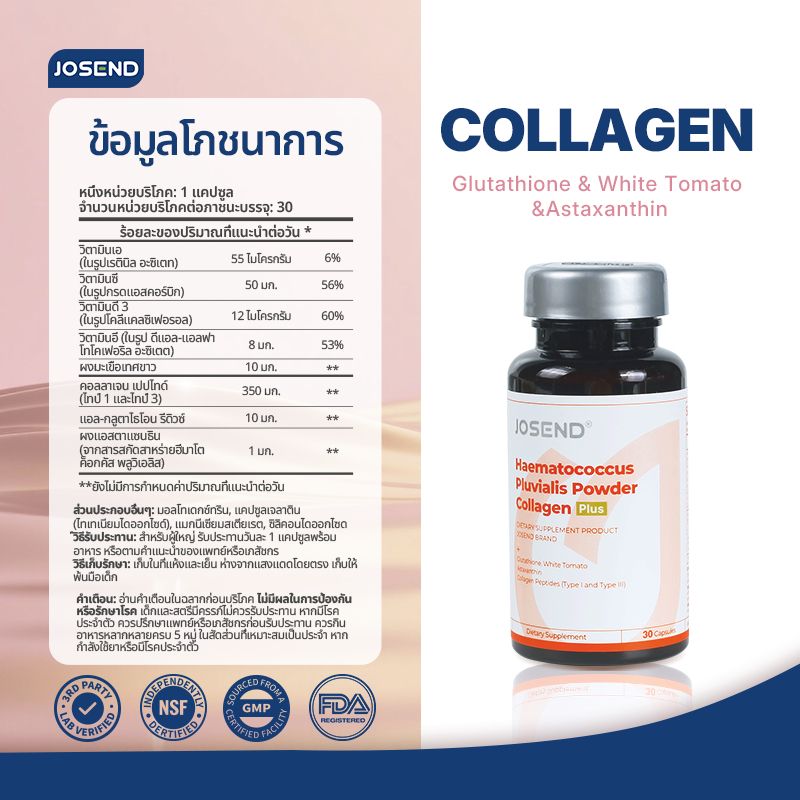 [พร้อมส่ง] JOSEND Collagen Plus + Astaxanthin & White Tomato (US Formulated) วิตามินผิวขาวใส ลดริ้วรอย ก ราคา ถูกที่สุด ดีลบีเคเค แกลเลอรีภาพที่ 7