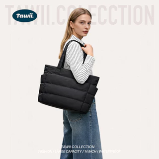 Tawii. กระเป๋าผ้า Puffy tote ผู้หญิง น้ำหนักเบา กันน้ำ ระเป๋าถือขนาด 14 นิ้ว มีหลายช่อง