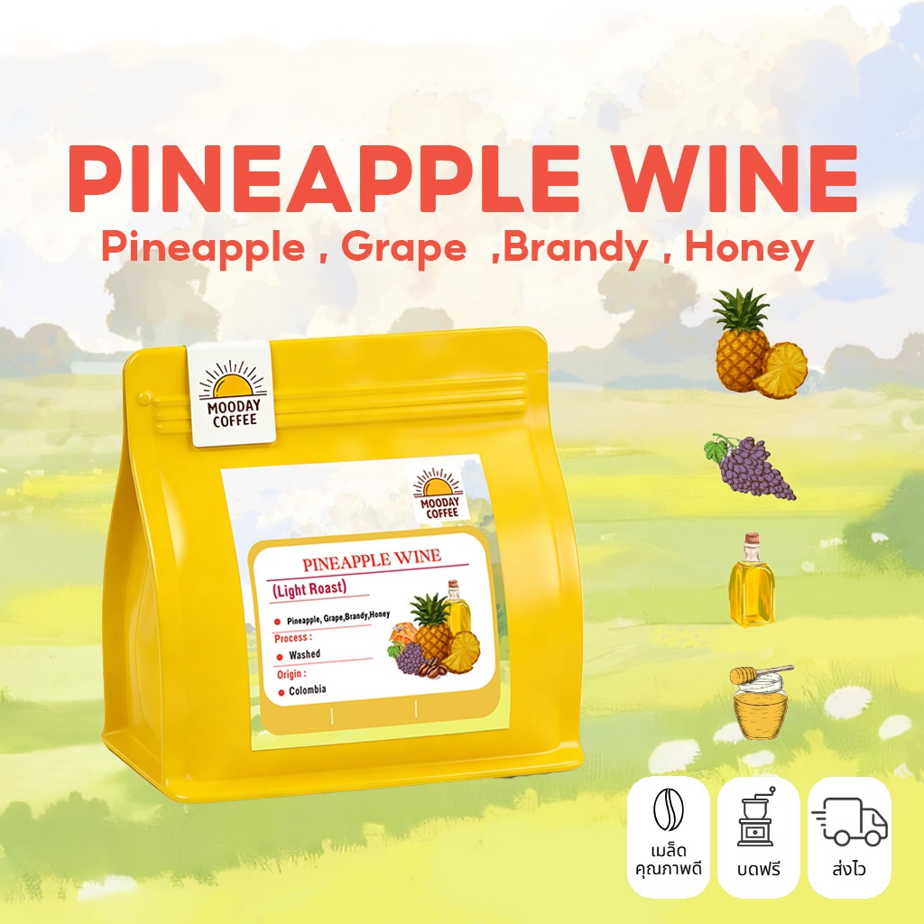 Mooday เมล็ดกาแฟ Pineapple Wine อาราบิก้า 100% จากโคลอมเบีย คั่วอ่อน
