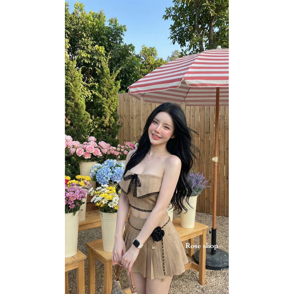 Phapassz - เซต 3 ชิ้น เกาะอกแต่งลูกไม้ผ้าสโนว์ลายเสริมฟองน้ำ กระโปรงจับจีบข้างมีซับในกางเกงเข็มขัดกุหลาบหรู #Roseshop - รูปที่ 2