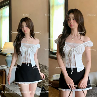 STR พร้อมส่ง🍦💗เสื้อแขนตุ๊กตา ดีเทลมีลูกไม้ด้านใน เสื้อปาดไหล่ทรงครอปเเขนสั้นผ้าเรอยนแต่งเชื่อกผูกโบว์ Y2Kสไตล์เซ็กซี่