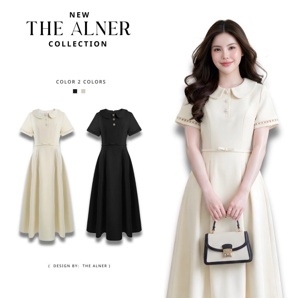 Thealner-AN284 (เดรสยาวคอบัวแต่งกระดุมแขนสั้น)
