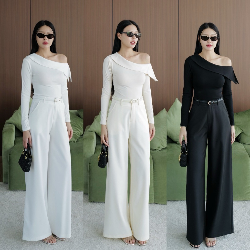 FK : เซ็ต 3 ชิ้น เสื้อปาดไหล่ เฉียง แขนยาว คอปก ไหล่เดียว กับ กางเกง ขายาว กับ เข็มขัด ลุคชิค แมทกับ