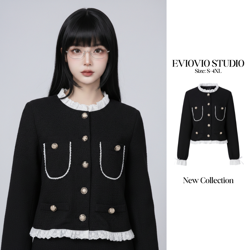 EVIOVIO【S-5XL】เสื้อคลุมทวีดสีดำพรีเมียม ตัดขอบลูกไม้ขาวสุดหรู ดีไซน์น่ารักใส่แล้วดูผอมเพรียว ชุดใส่ทำงาน เสื้อผ้าสาวอวบ✨