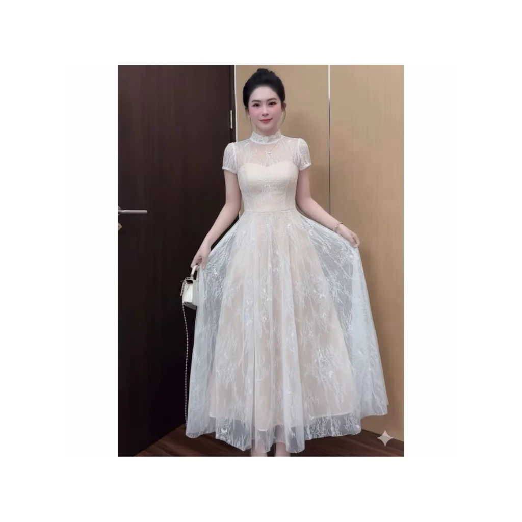 เดรสลูกไม้ มีฟองน้ำ ไม่คัน ลูกไม้เบาสบาย สีขาว มีซับ เดรสยาว เดรสออกงาน เดรสปาร์ตี้ เดรสวันเกิด เดรสเวียดนาม