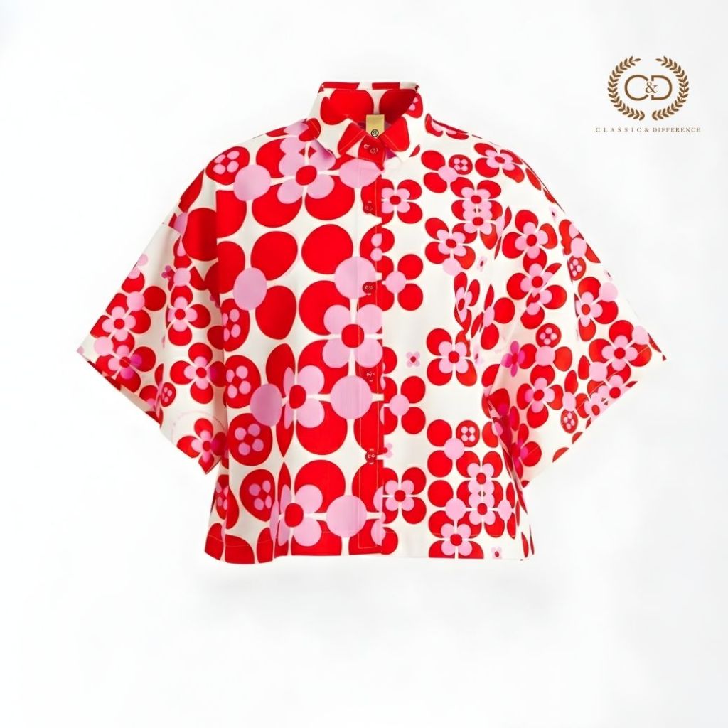 C&D เสื้อ กี่ เพ้า / เสื้อ ตรุษจีน ญ เรด ดอท ฟลาวเวอร์ แขนสั้น สีแดง CC75RE