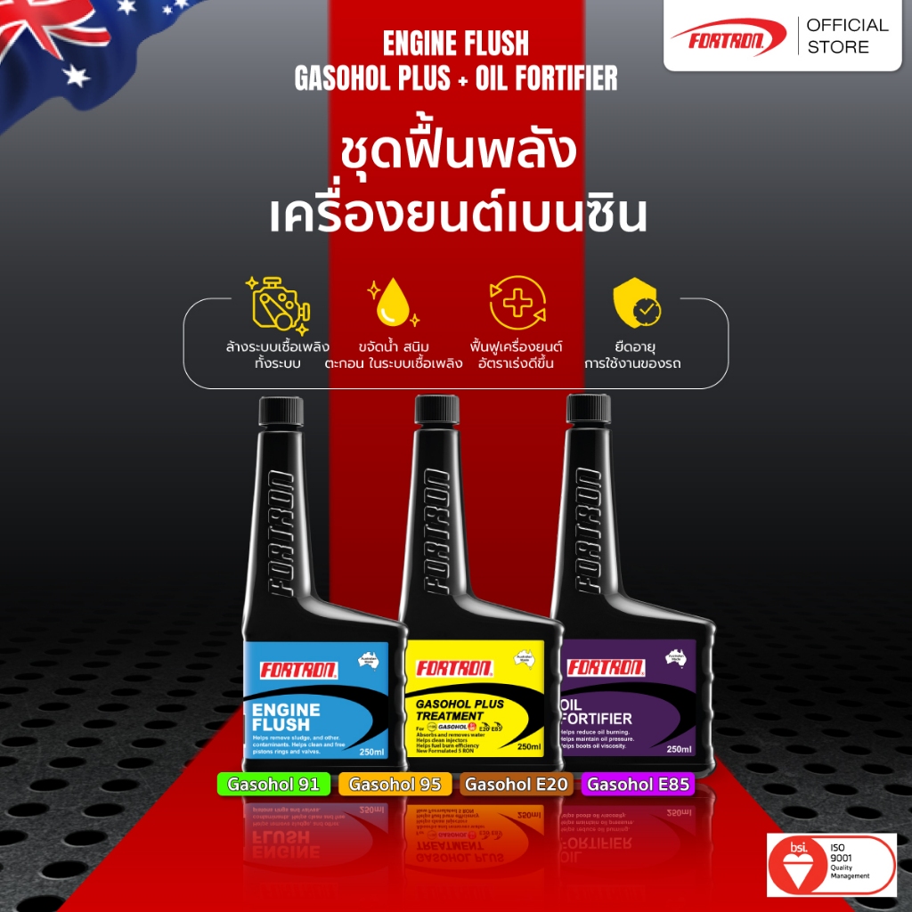Fortron ชุดฟื้นพลังเครื่องยนต์ เบนซิน (Gasohol Plus+Oil Fortifier+Engine Flush)