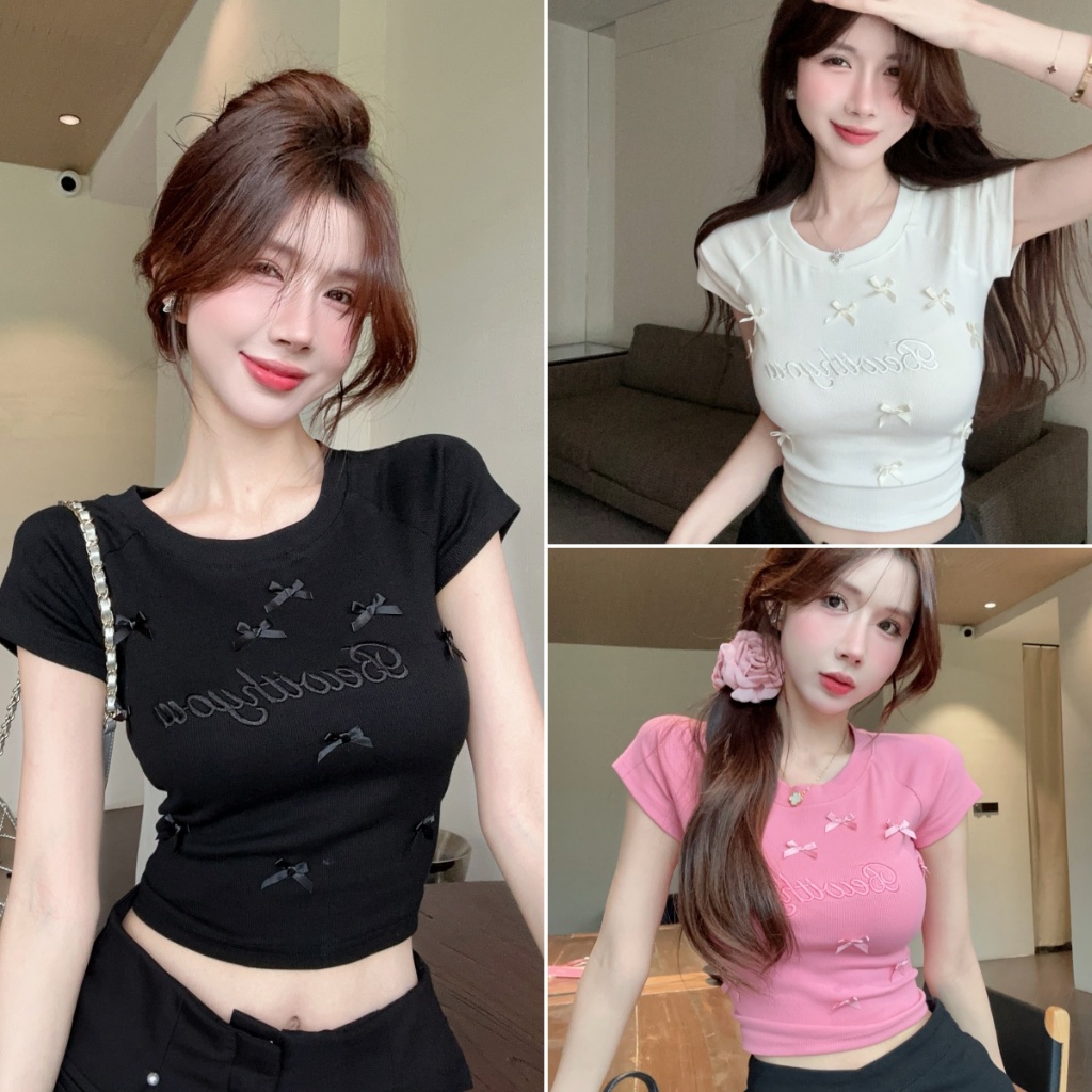 cherryshop พร้อมส่ง เสื้อยืดแขนสั้นรัดรูปแฟชั่นฤดูร้อนสำหรับผู้หญิงที่สวยงาม คอกลม แต่งโบว์ หวานและเซ็กซี่