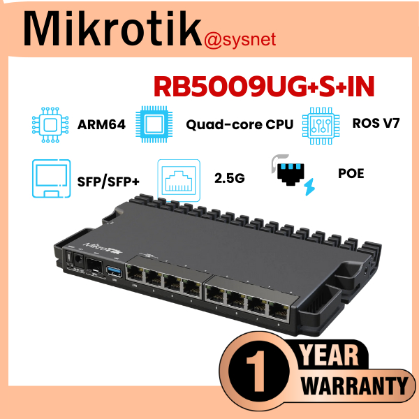 Mikrotik RB5009UG+S+IN CPU Quad-core ARMv8 1.4 GHz 7 Port Gigabit, 1 Port 2.5G