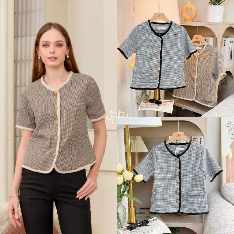 POI เสื้อสก็อตแขนสั้นแต่งขอบกระดุมมีกระเป๋า รุ่น L051C6