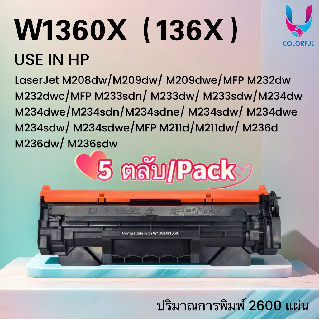 W1360X (136X) แพ็คละ 5 ตลับ หมึกเทียบเท่า /1360x/1360/หมึก hp136a/M208/M209/M232/M233/M234/M211/M236