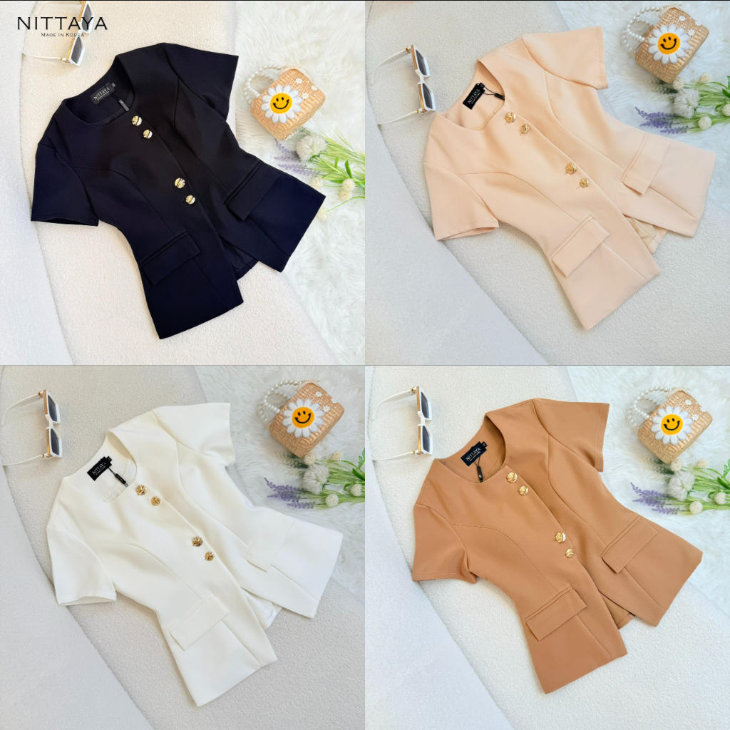 [NITTAYA] D2854 เสื้อคอกลมแขนสั้นแต่งกระเป๋า เรียบหรูใส่ทำงาน การประชุมสำคัญ ดูแพงแบบมีระดับ(ผ้าอัดกาว มีซับใน มีฟองน้ำ)