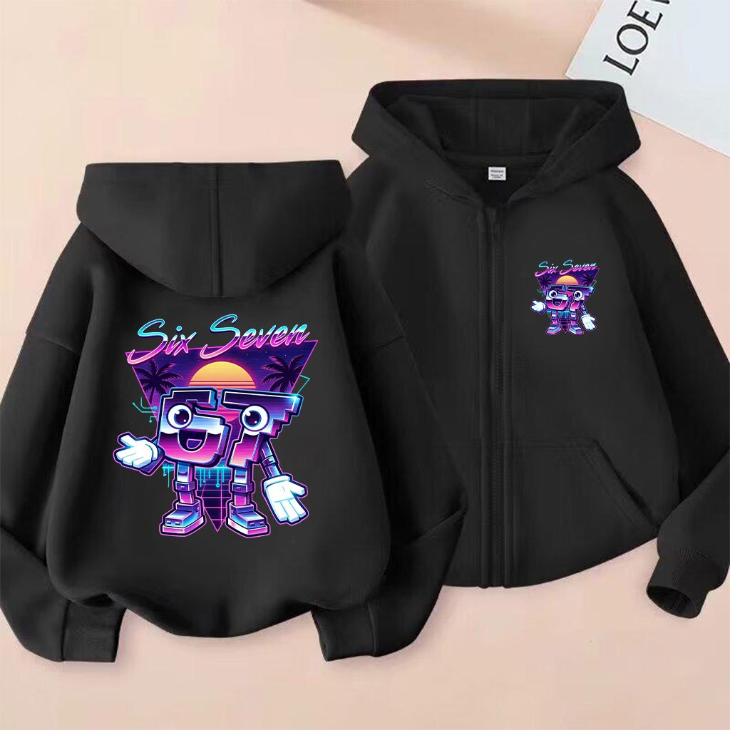 ใหม่ เสื้อกันหนาวเด็ก Game Steal a Brainrot ROBLOX 67 SIX SEVEN Long-Sleeved Zip-up Hoodie ผ้า ใส่สบ