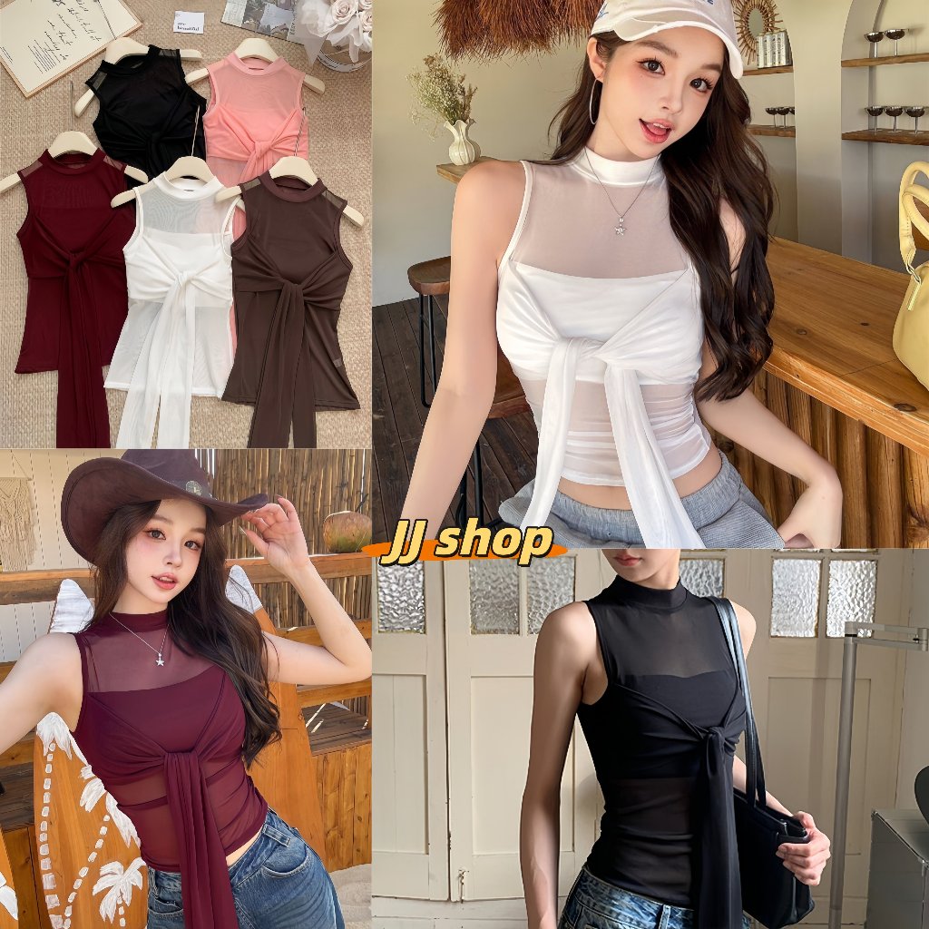 JJ Shop​💜พร้อมส่ง เสื้อแขนกุดลูกไม้โปร่งบางสำหรับผู้หญิง เนื้อผ้าบางเบา เซ็กซี่ สไตล์เกาหลี-FY7013