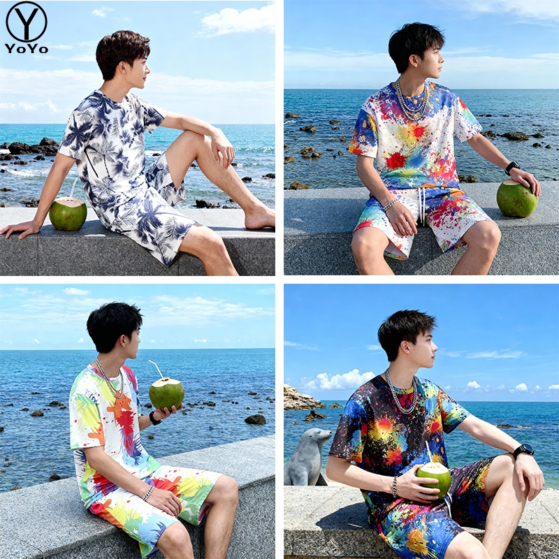 YOYO ชุดแฟชั่น 2 ชิ้น เสื้อยืดลายดอกสงกรานต์ เสื้อยืดแบบใหม่ล่าสุด เสื้อยืดฮาวาย รุ่นW21-4