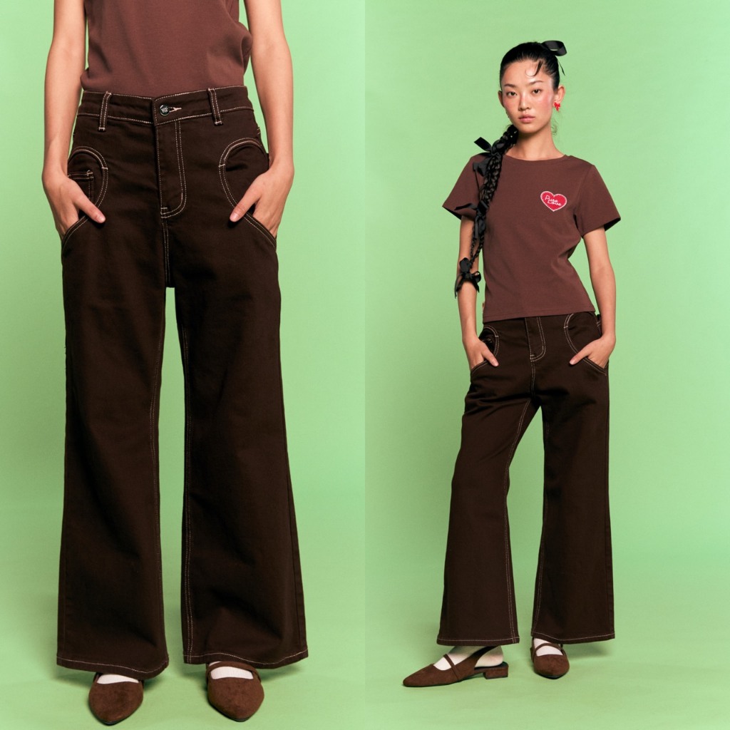 CHUUCHOP - (XS-4XL) Kiddy Jeans กางเกงยีนส์ขายาวสีน้ำตาล เฟดหน้า กิมมิคกระเป๋าหัวใจ (C8507)