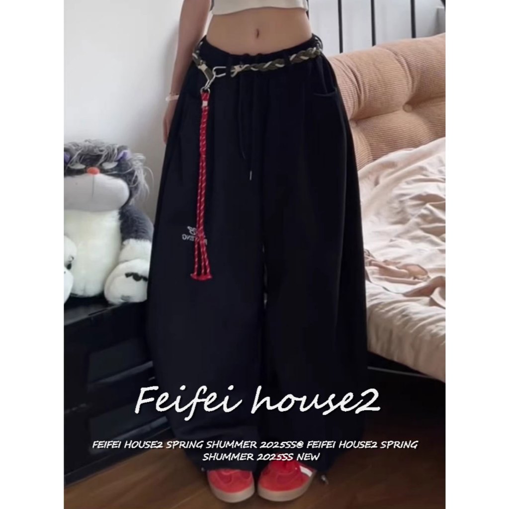 [Simple Letter Embroidered Trousers]ผู้หญิงสไตล์เรโทรปักลายเรียบง่ายอเนกประสงค์กางเกงขายาวทรงกว้าง