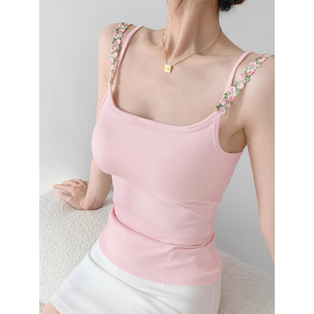 3548 เสื้อกล้ามผู้หญิง สายดอกไม้ มีฟองน้ำในตัว ปรับความยาวได้ ไม่ต้องใส่บรา ผ้านุ่ม เข้ารูป ใส่สบาย สไตล์หวาน