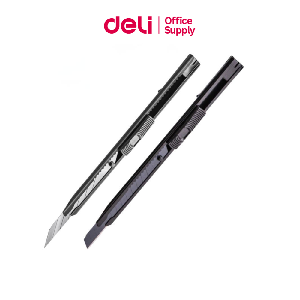 Deli มีดคัตเตอร์ คัตเตอร์ คัตเตอร์เหล็กเล็ก คัตเตอร์ด้ามแสตนเลส 9mm SK5 สีดำ 30°/60°  Cutter