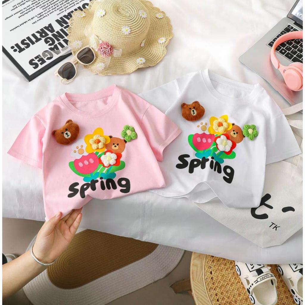 เสื้อเด็กน่ารักๆ สวย หวาน แขนสั้นลายหมี Spring  สีขาว/ชมพู เหมาะกับเด็กๆ แต่งตัวได้สนุกแมชชุดง่าย