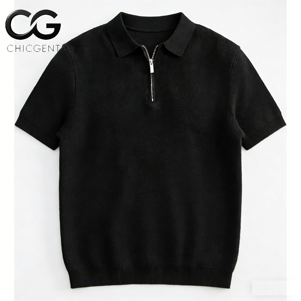 CHICGENT COD เสื้อโปโลแขนสั้น ผ้าถัก ซิป ปกเสื้อสีพื้น แขนสั้น สปอร์ต ลำลอง ฤดูร้อน