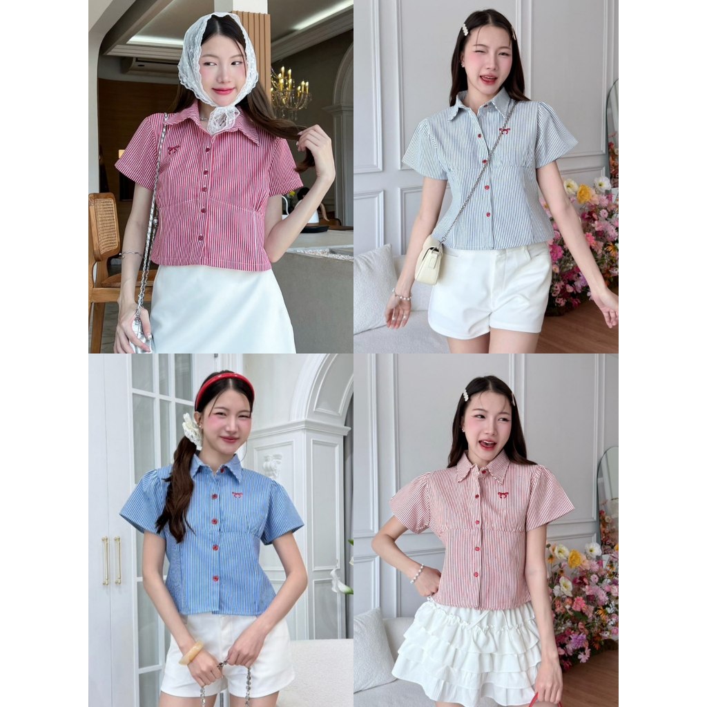 เสื้อคอปกยีนส์แขนสั้นลายริ้วปักโบว์ด้านหลังสายปรับเข้ารูปได้